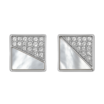 Silver Square Stud Earrings with Mother of Pearl and Crystals