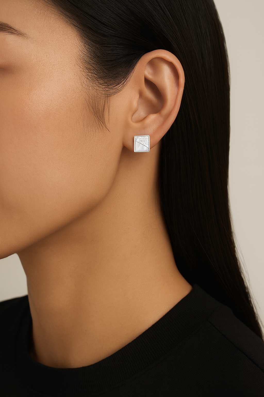 Silver Square Stud Earrings with Mother of Pearl and Crystals