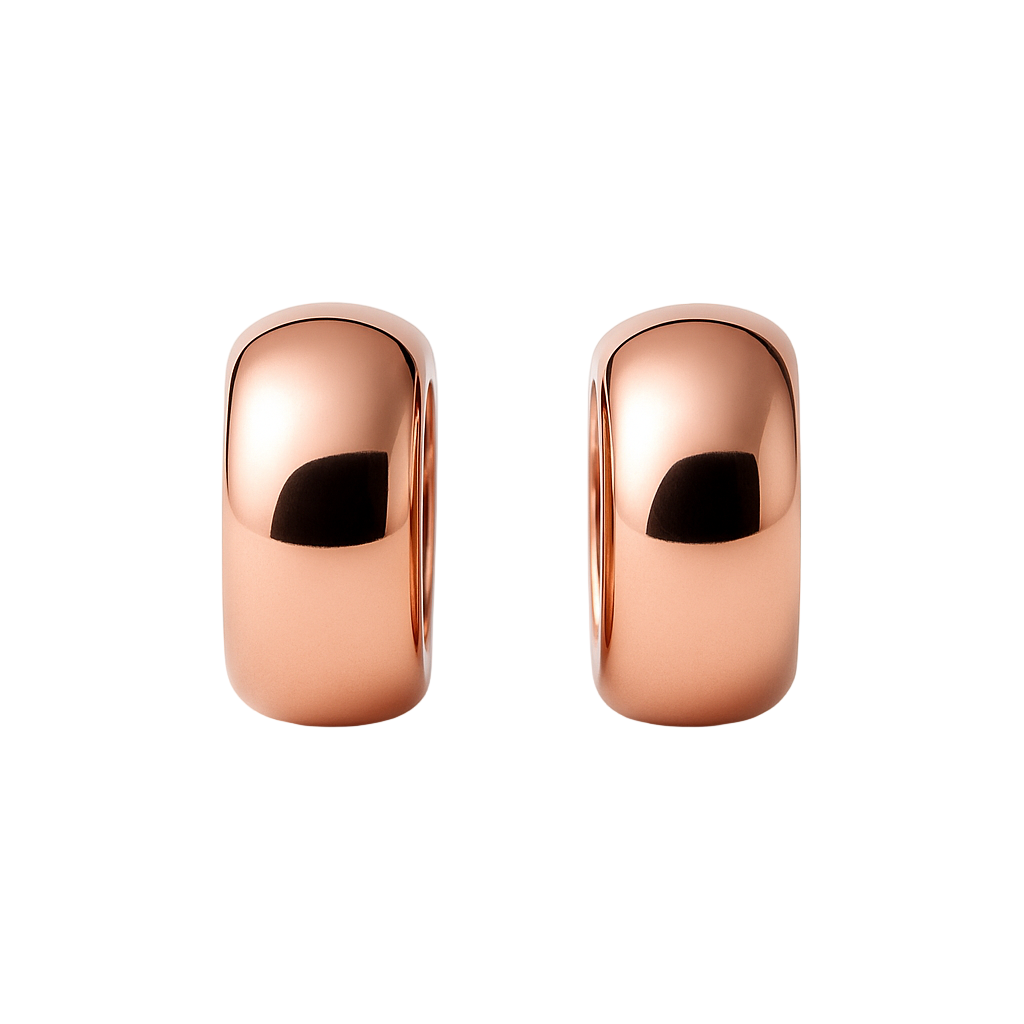 Two rose gold rings with black accents on a white background