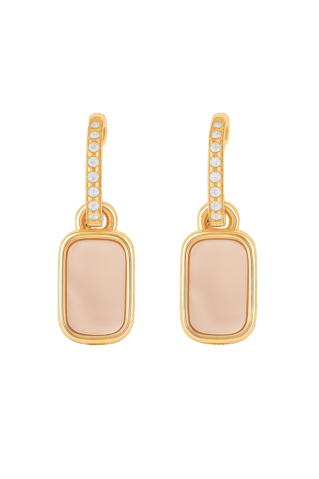 Gold earrings with pink stones on a white background