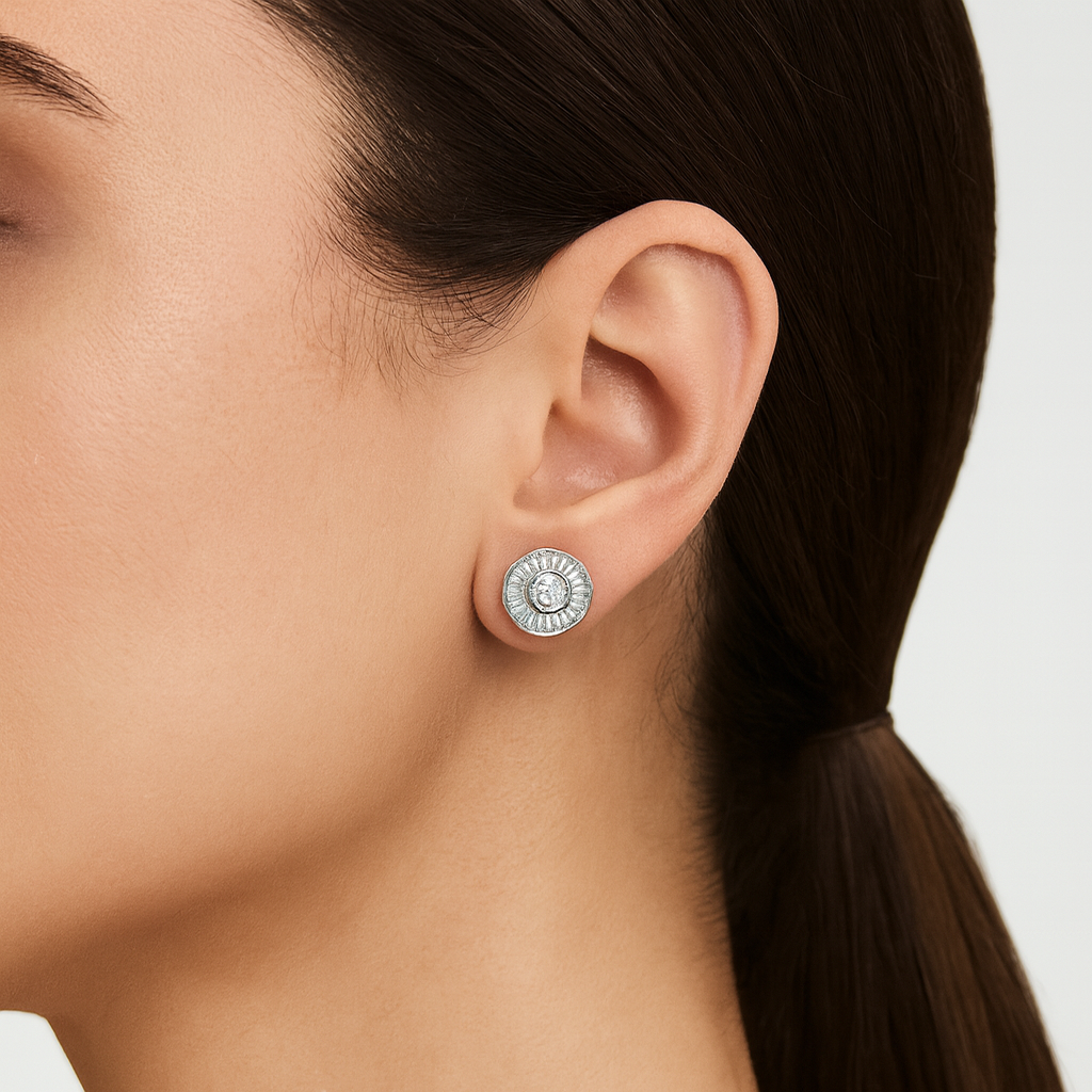 Silver Halo Stud Earrings with Round Crystals
