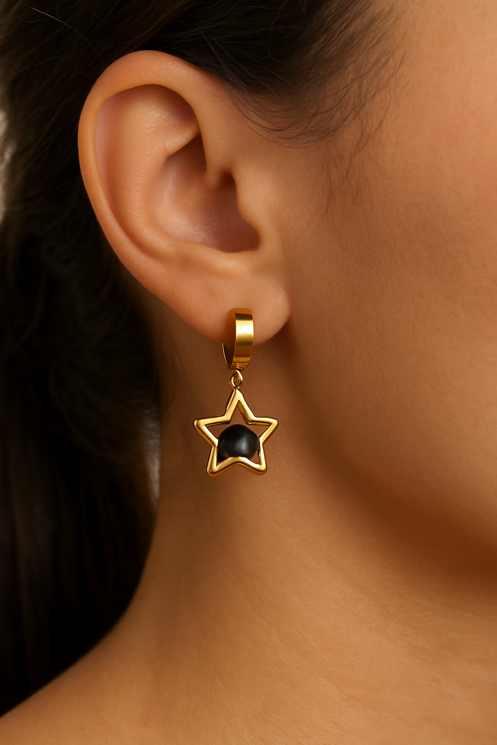 Gold Star Hoop Earrings with Black Gemstone Center