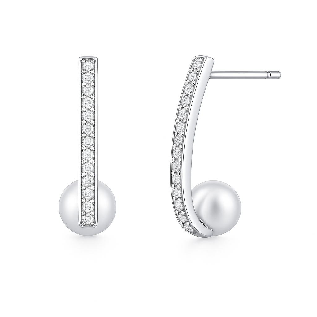 Gold Bar Pearl Drop Earrings with Crystals