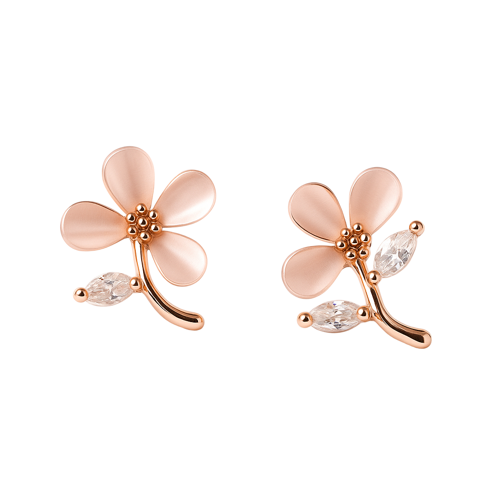 Copper Leaf Stud Earrings with Crystal Accents
