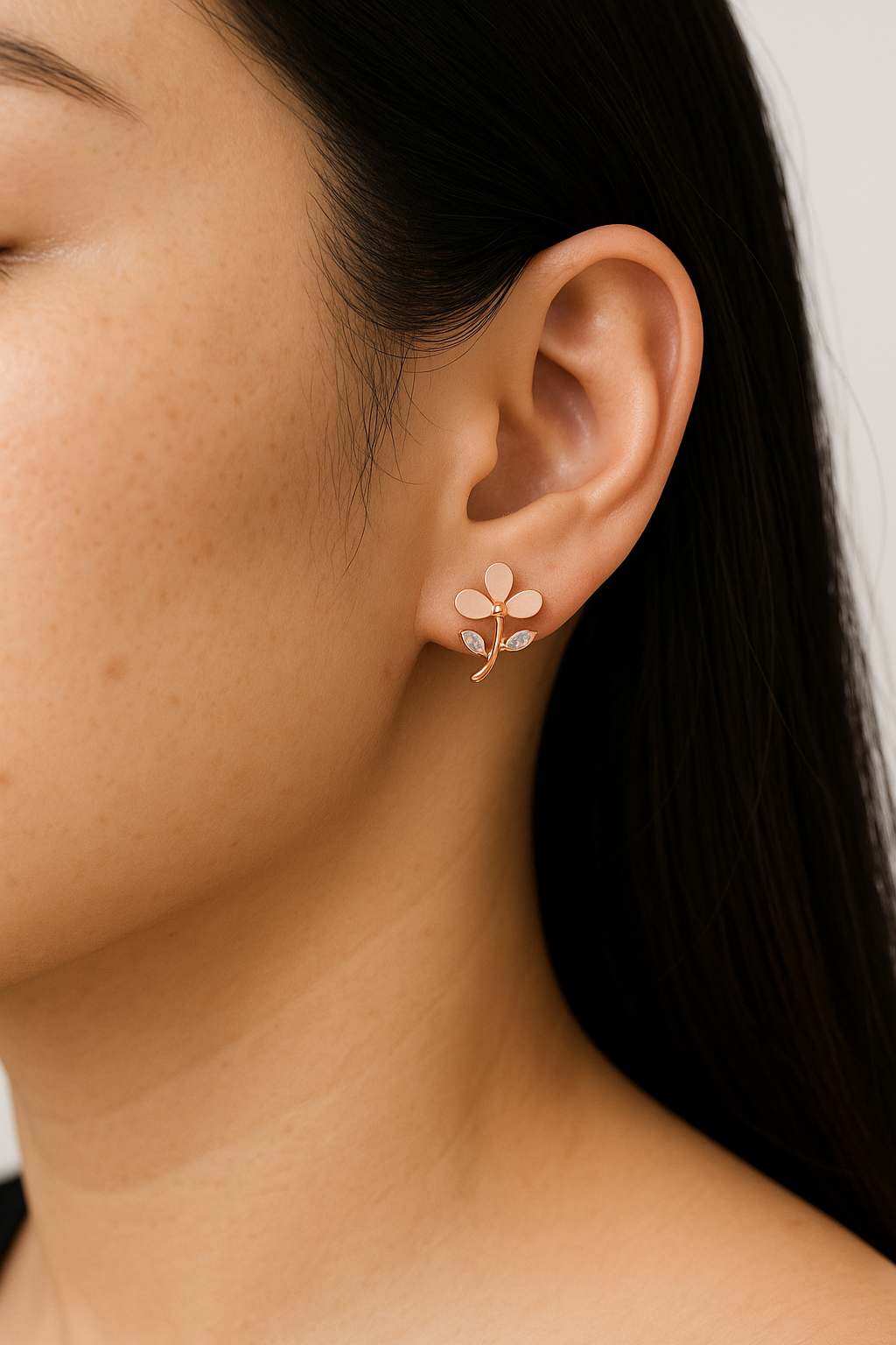 Copper Leaf Stud Earrings with Crystal Accents