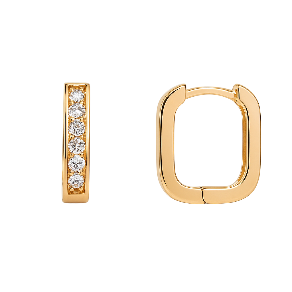 Gold hoop earrings with diamond accents on a white background
