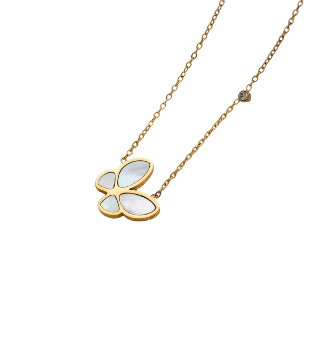 Gold butterfly-shaped pendant necklace on a white background