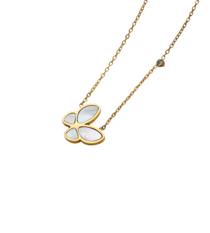 Gold butterfly-shaped pendant necklace on a white background