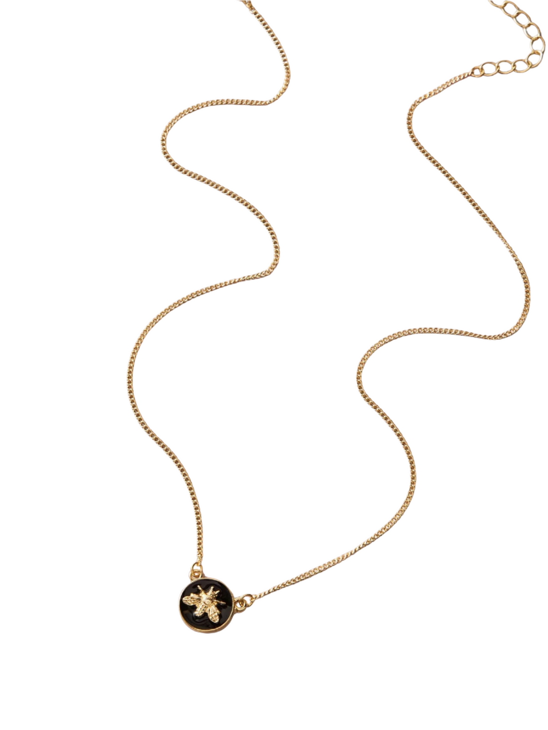 Gold necklace with a bumble bee pendant on a white background