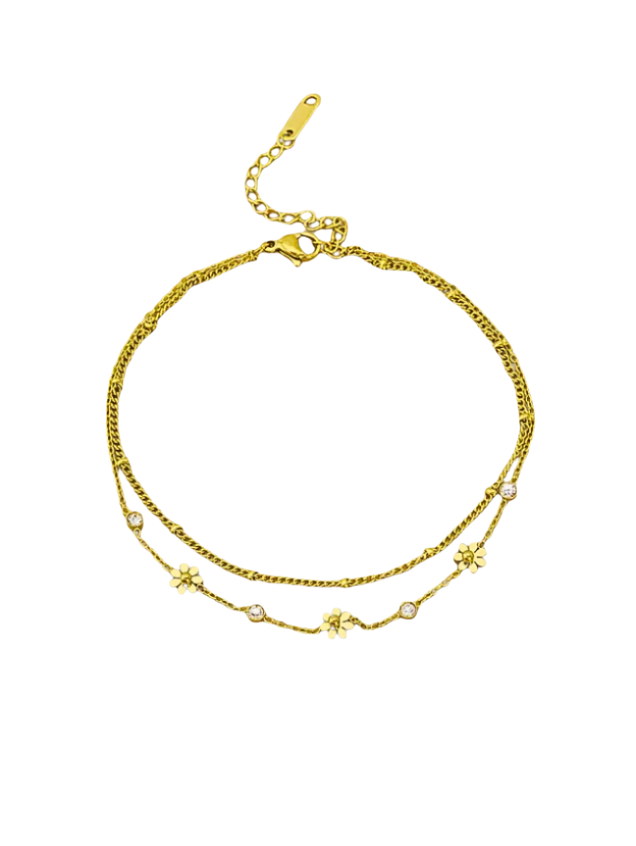 Gold bracelet with chain and star design on a white background