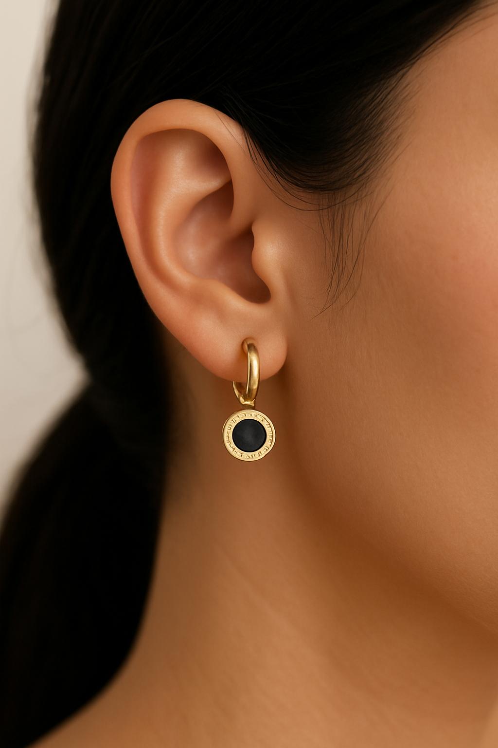 Gold Hoop Earrings with Black Roman Dial Charms